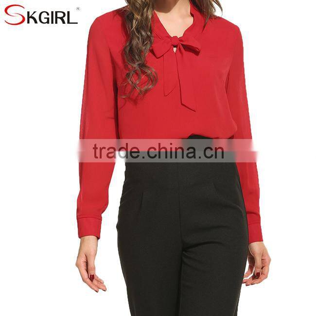 Casual loose fit tie-bow neck long cuffed sleeve office wear tops latest formal skirt chiffon blouse patterns for ladies