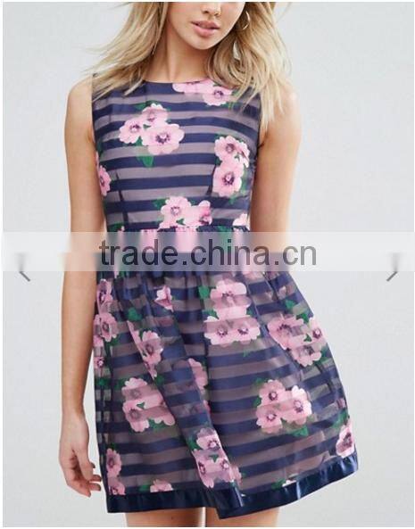 Floral Print pattern Stripe Organza Sleeveless Dress/women dress/clothing