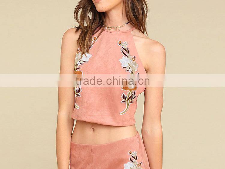Two piece set women outfits 2017 with embroidered tank top and short
