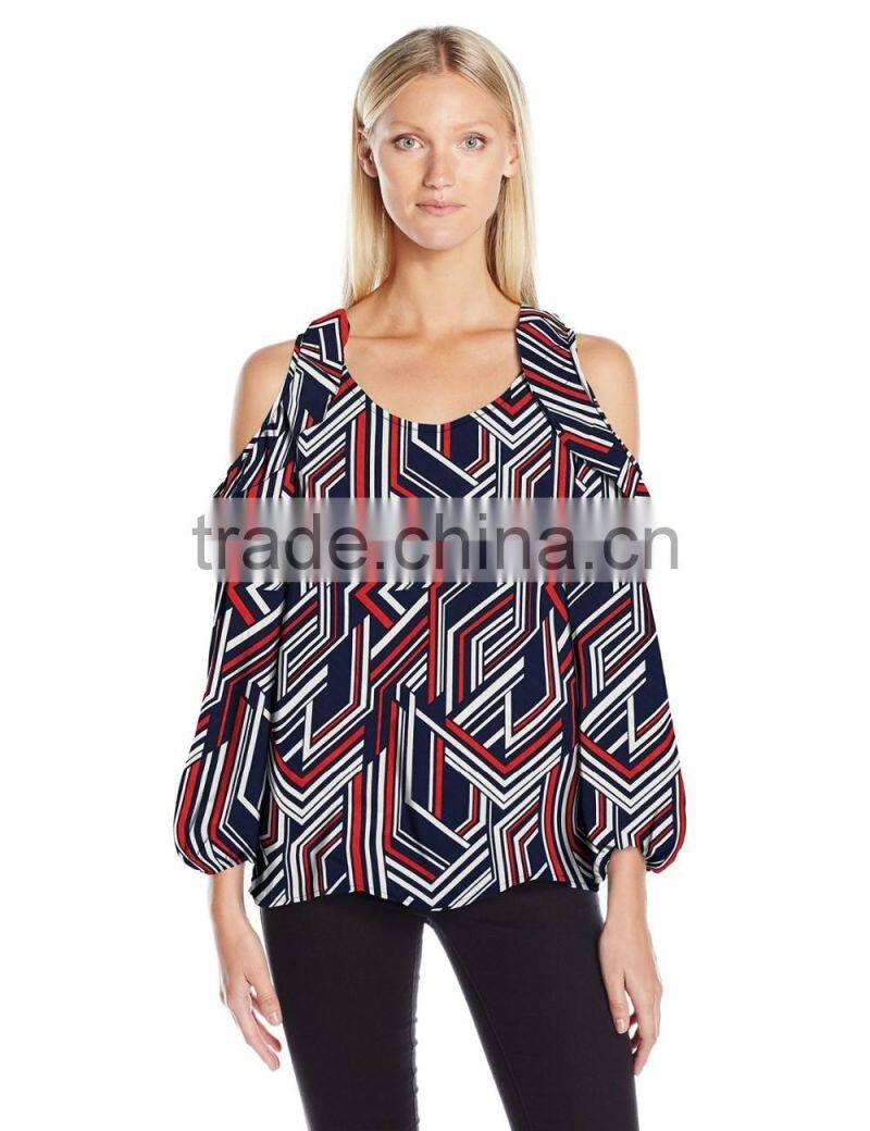 Women's Printed Long Sleeve Scoop Neck Cold Ruffle Shoulder Blouse