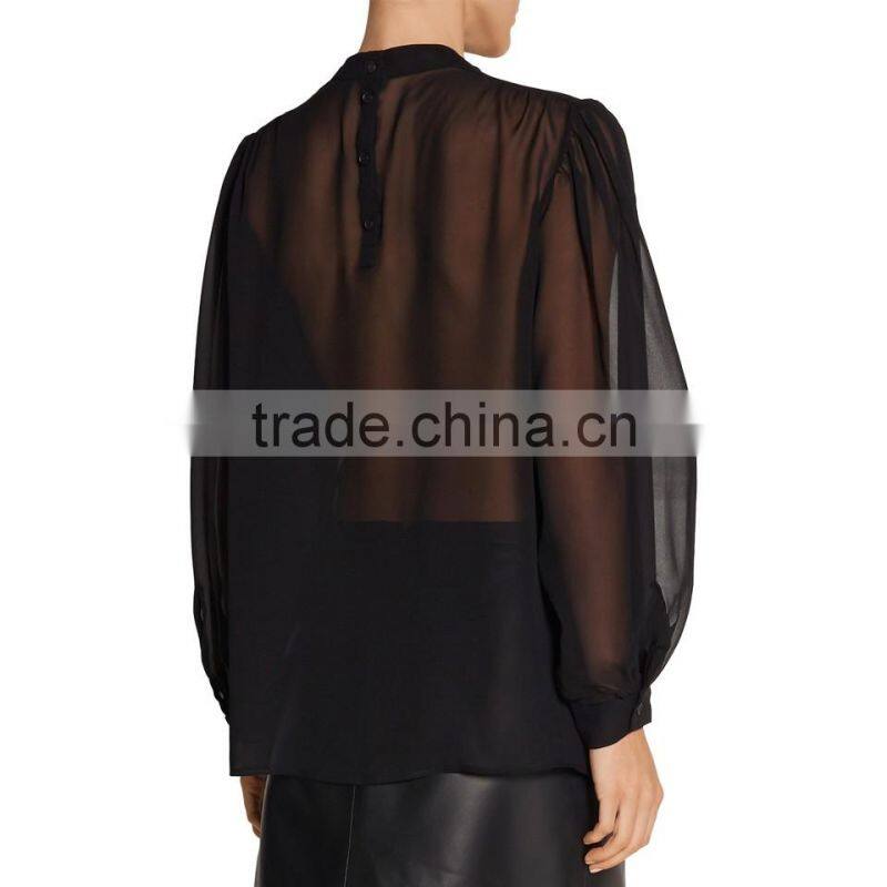new model embroidery patch back neck elegant design long sleeve new women blouses design chiffon blouse