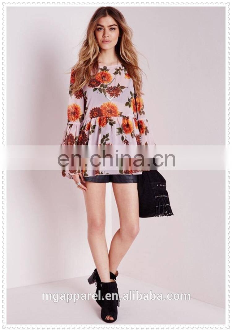 new style women oversized pink floral printed sexy chiffon blouse