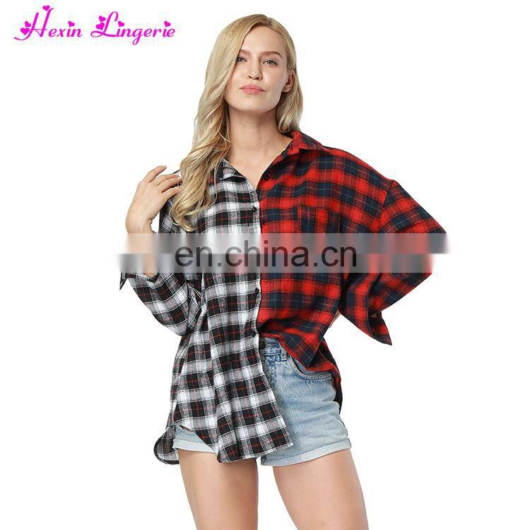 High Quality off shoulder Stitching plaid latest fashion korean off shoulder blouse