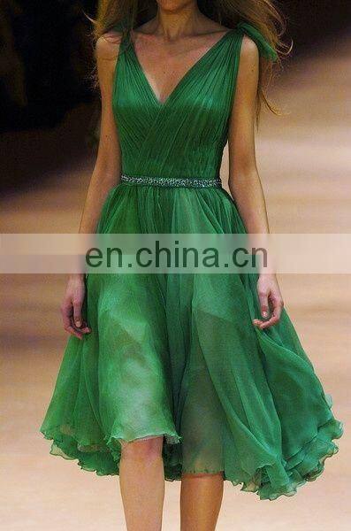 New Cocktail Party Dress 2015 Deep V Neck Emerald Green Beaded Pleated Chiffon Knee Length Cheap Homecoming Gown JW301