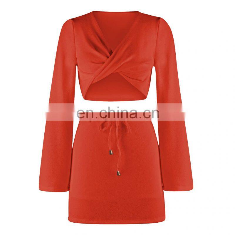 2021 Cross-border New Product Pure Color Women's Fashion Twisted Long Sleeve V-neck Sexy Top Drawstring Short Skirt Autumn Set