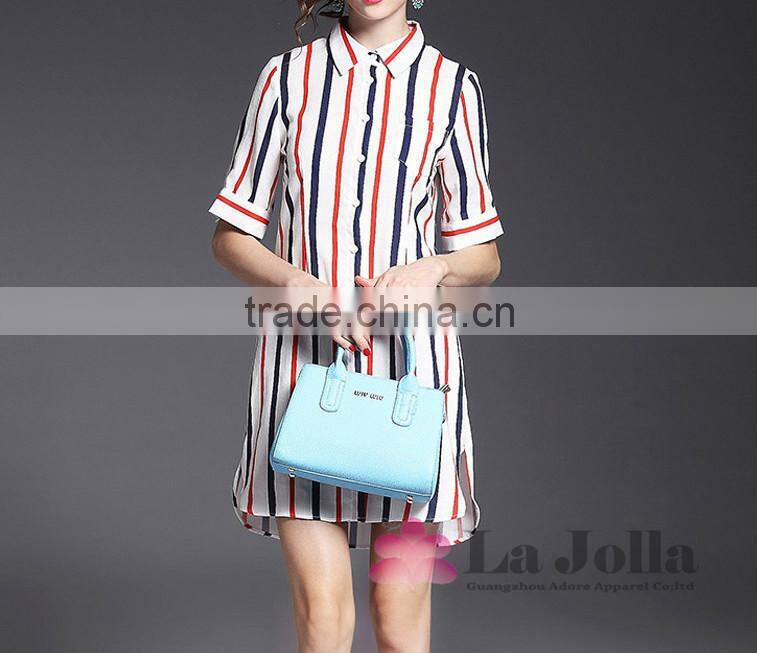 Lastest Summer Long Style Colorful Stripes Short Sleeve Blouse 093