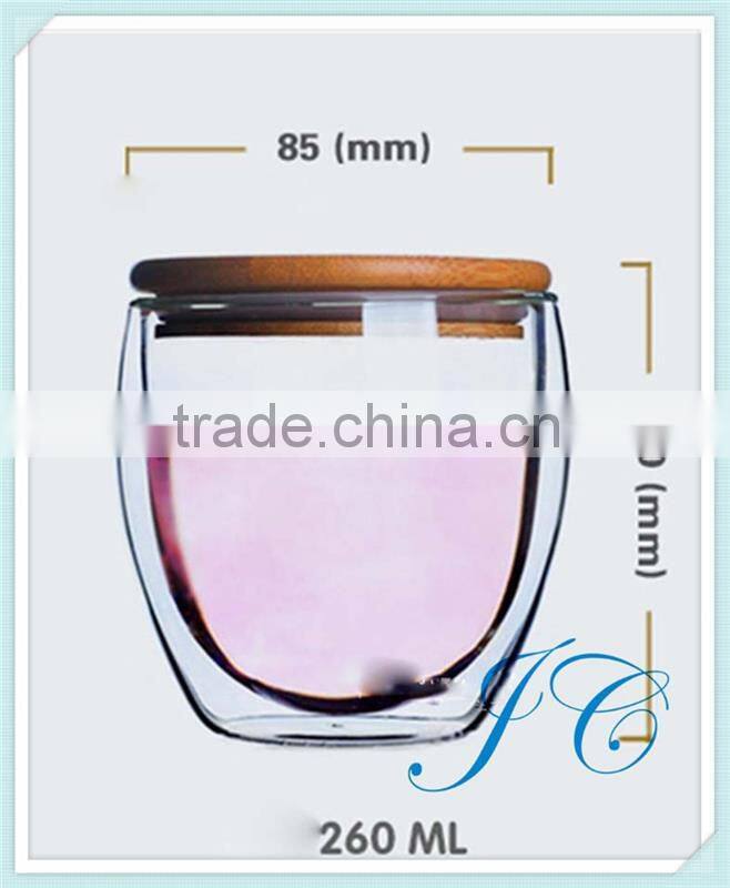 double wall glass cup / glass tea cup / glass coffee cup with wooden lid