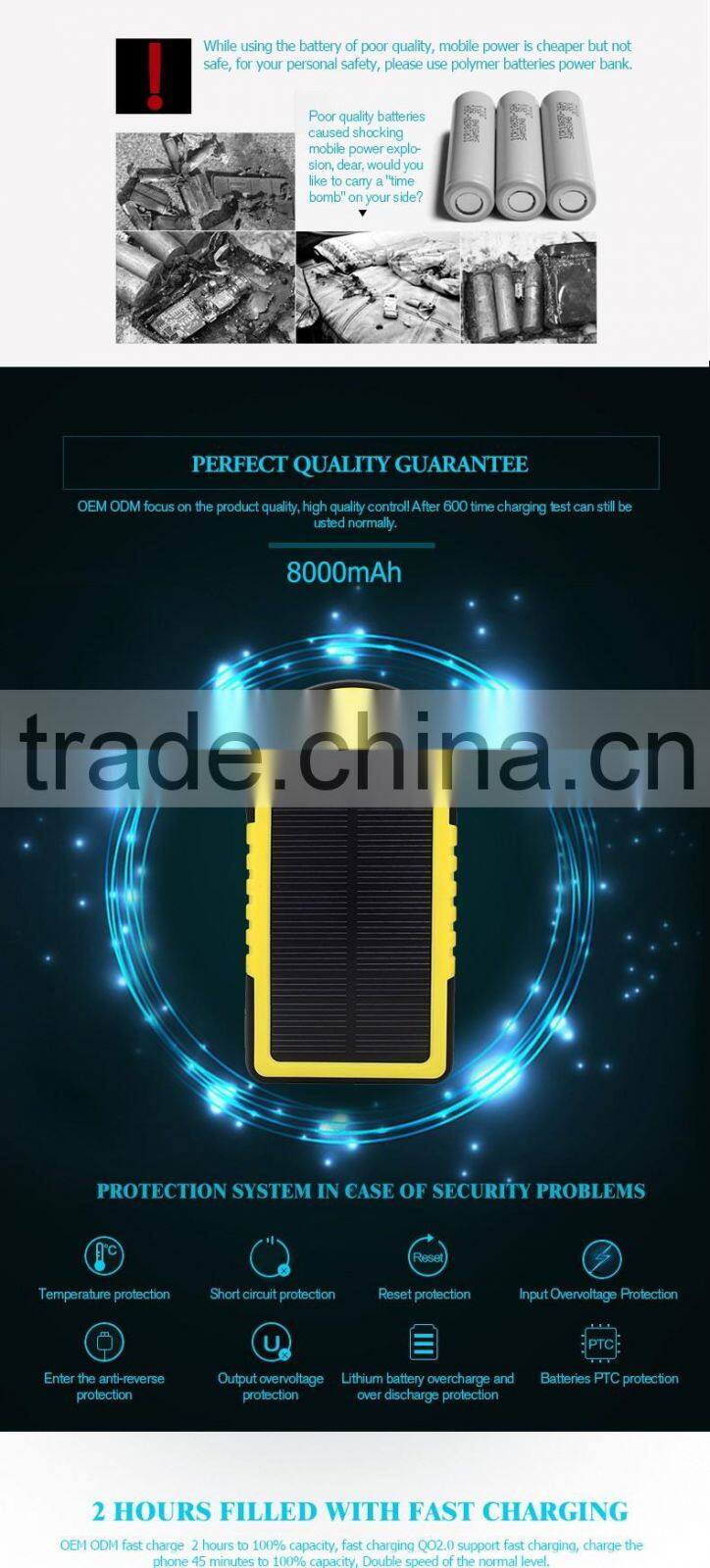 Solar power bank polymer power bank Three proofing Mobile power supply factory OEM 8000mah power bank Charging treasure