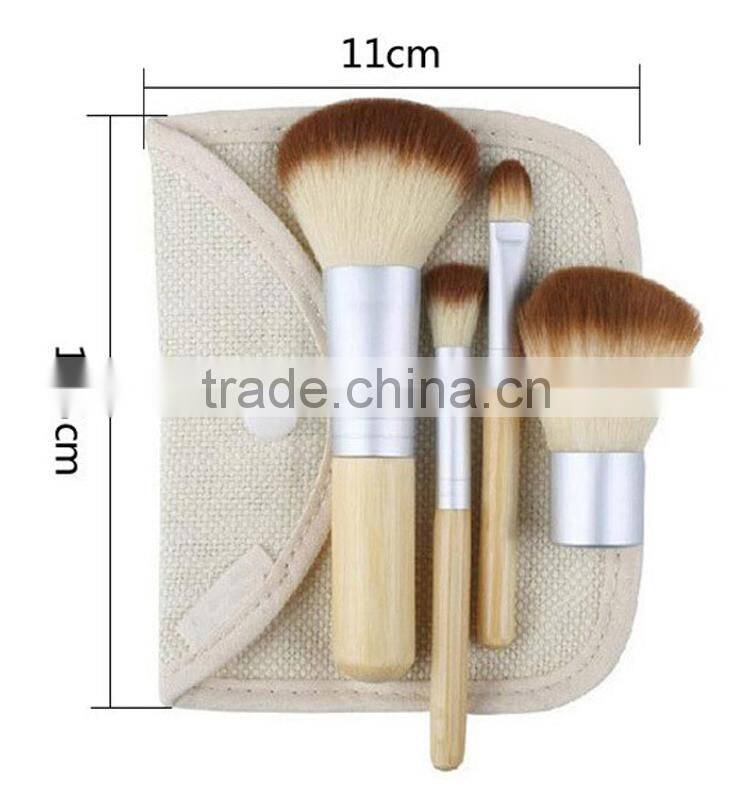 4pcs Cosmetic bamboo brush set with linen bag