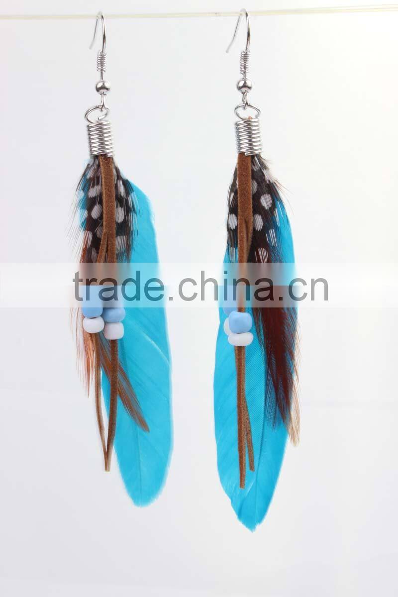 Neon color yellow Long cheap feather earring dangle drop earring for girls wholesale