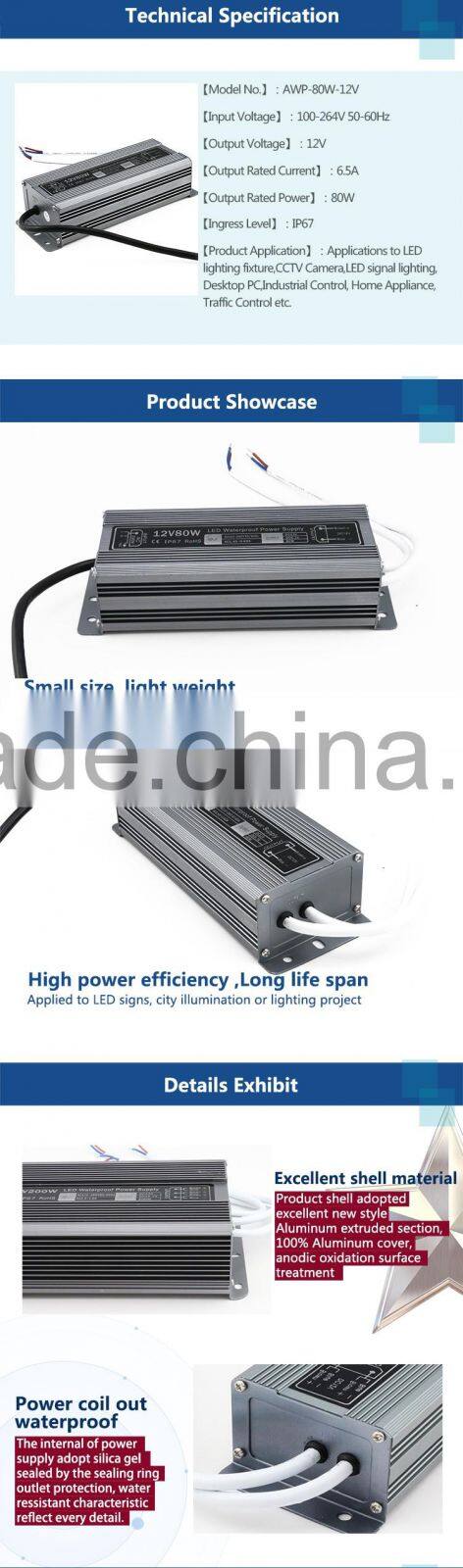 80W 12V 6.5A output waterproof led switch power supply with Aluminium shell