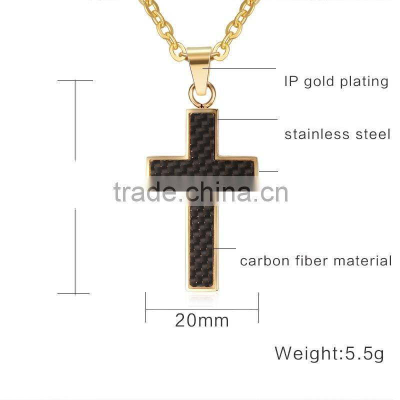 Stainless Steel Carbon Fiber Cross Pendant Necklace High Polished with Free Chain Silver Gold
