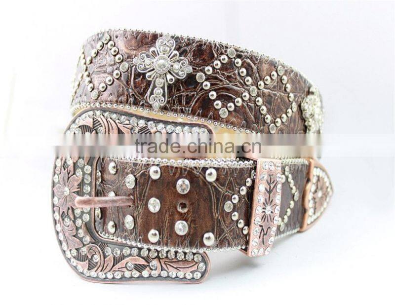 2016 New Design Western rhinestone leather belt with crystals circle chains and studs embedded