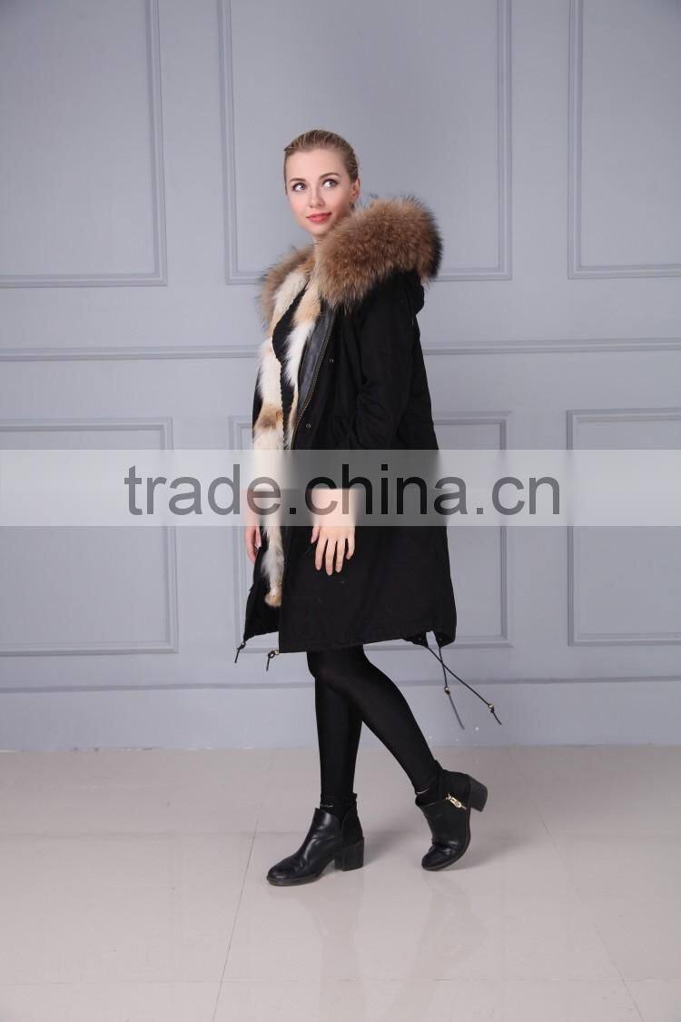 New Fashion Real Raccoon Fur Collar Fox Fur Lining Removable Hooded Parka