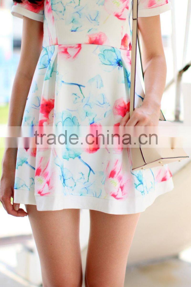 New design short sleeve dress in mix floral korean dresses new fashion lady dress