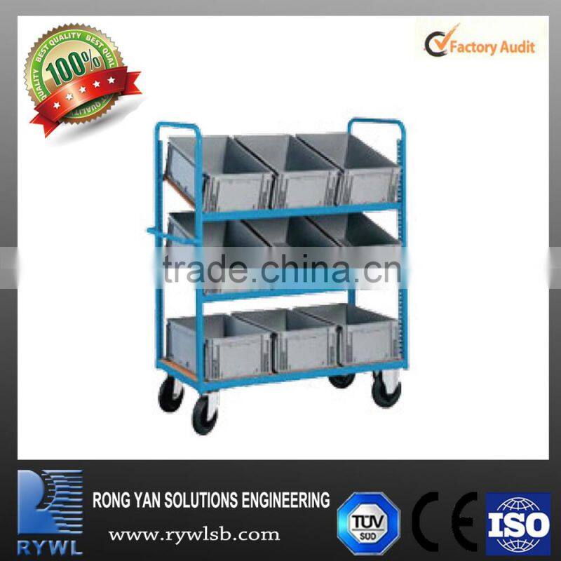China factory iso certificate mobile rack,metal rack for plastic box, trolley for plastic container