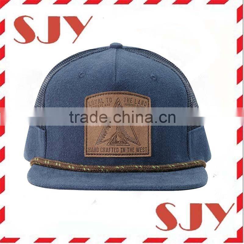 Small quantity order custom 5 panel snapback hat with leather patch