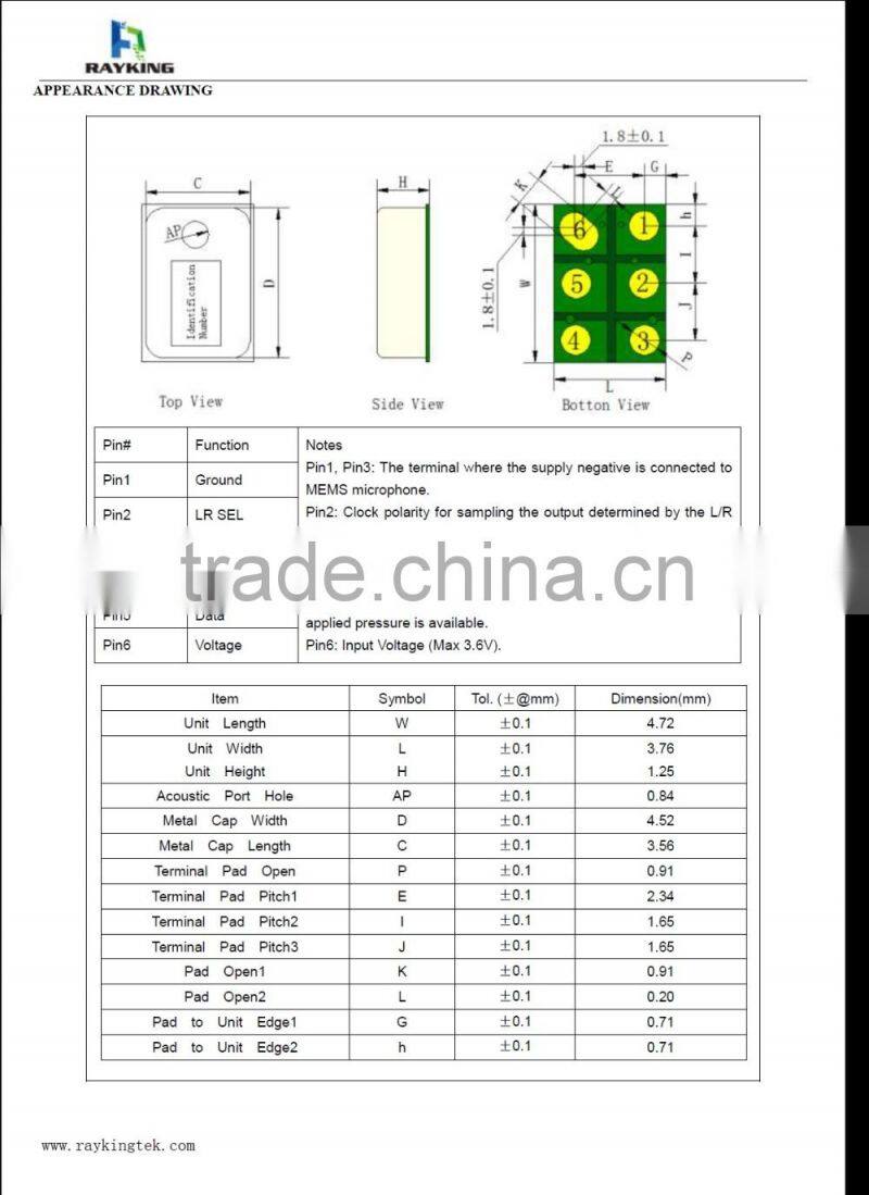 1.8mm MEMs microphone small size