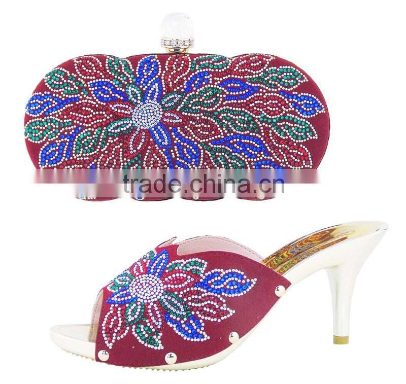 PU leather women shoes mix flower design hand bag shoes & bag set for girls