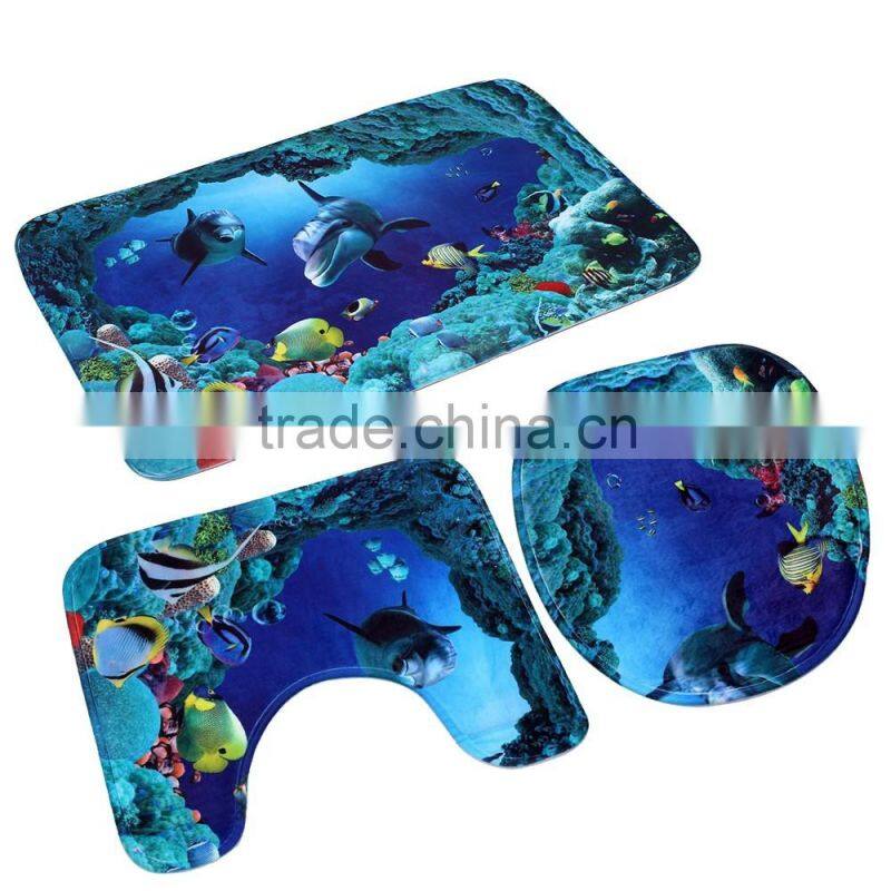 Soft 3in 1 Bathroom Non-Slip Blue Ocean Style Pedestal Rug + Lid Toilet Cover + Bath Mat Bathroom Rugs 3D Flannel Bathroom mat