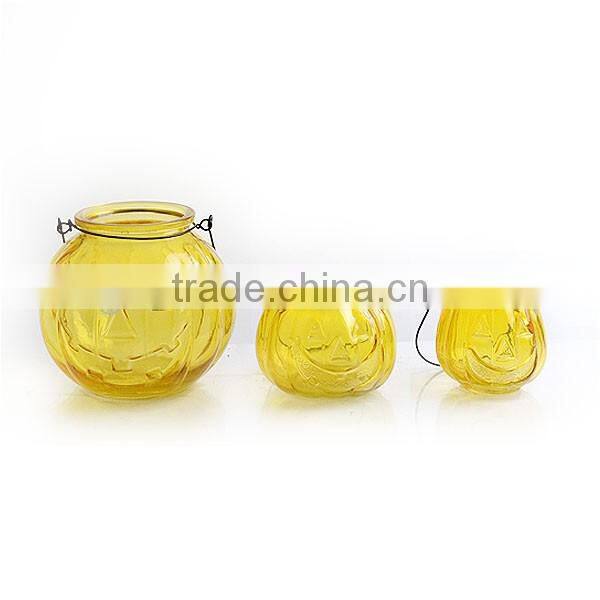 halloween theme pumpkin glass candle holder with handle