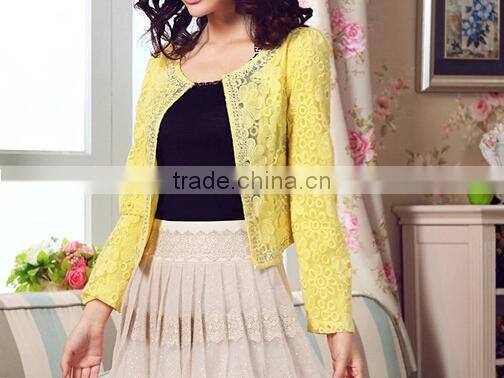 2015 ladies quality coat yellow sheer wholesale factory beaded coat