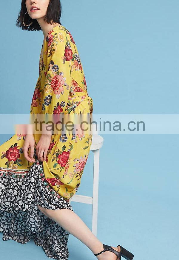 Vibrant Colors Embedded Vintage Long Sleeve Floral Maxi Dress Western Frock Designs For Ladies HSd5158