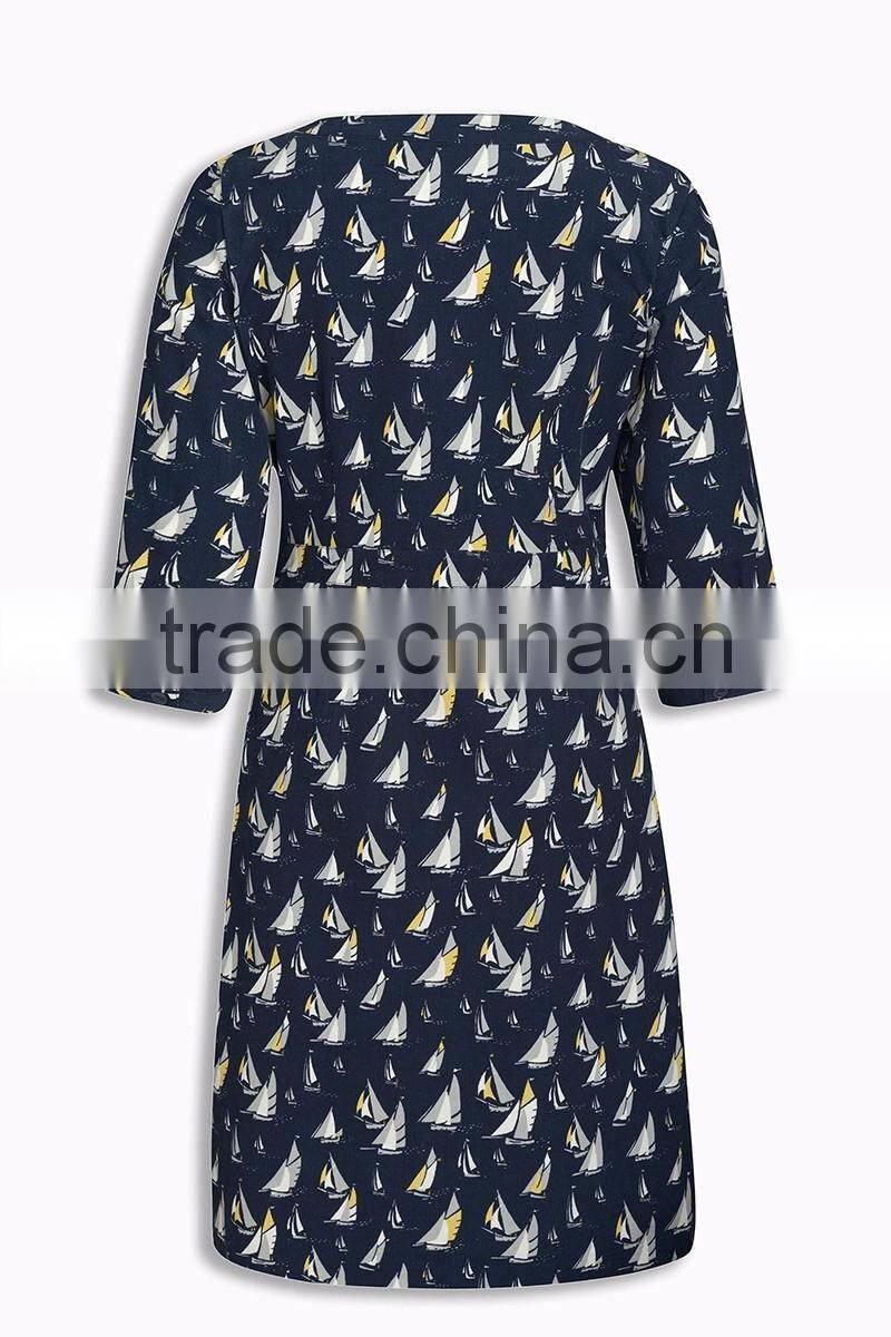 mock neck design new fashion ladies dress 3 4 sleeve one pieces custom full print dersses for women