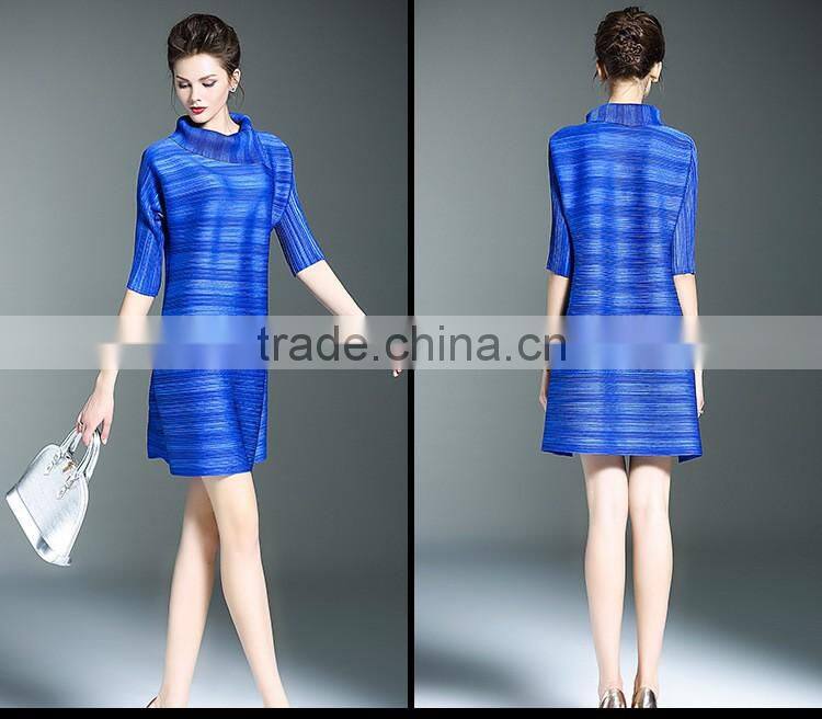 Women striated Polo neck casual pleated dresses