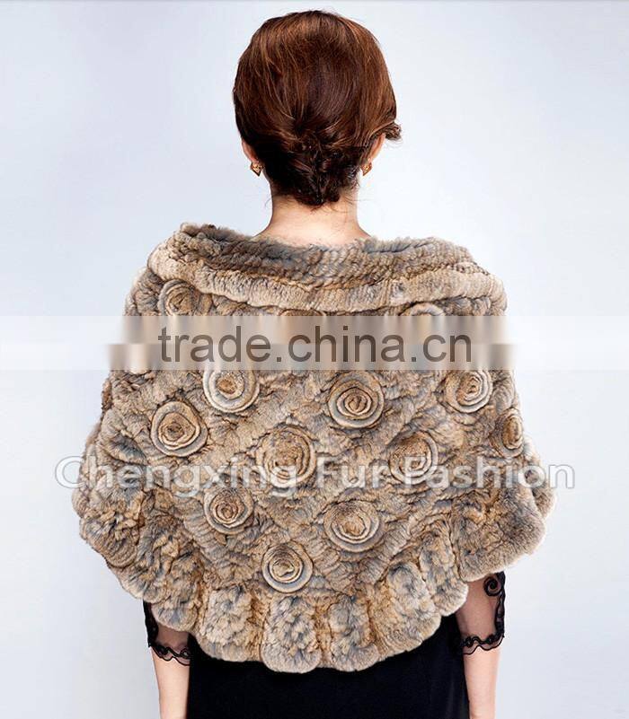CX-B-21D Hot Selling Genuine Rex Rabbit Fur Knitted Shawl Knit Poncho