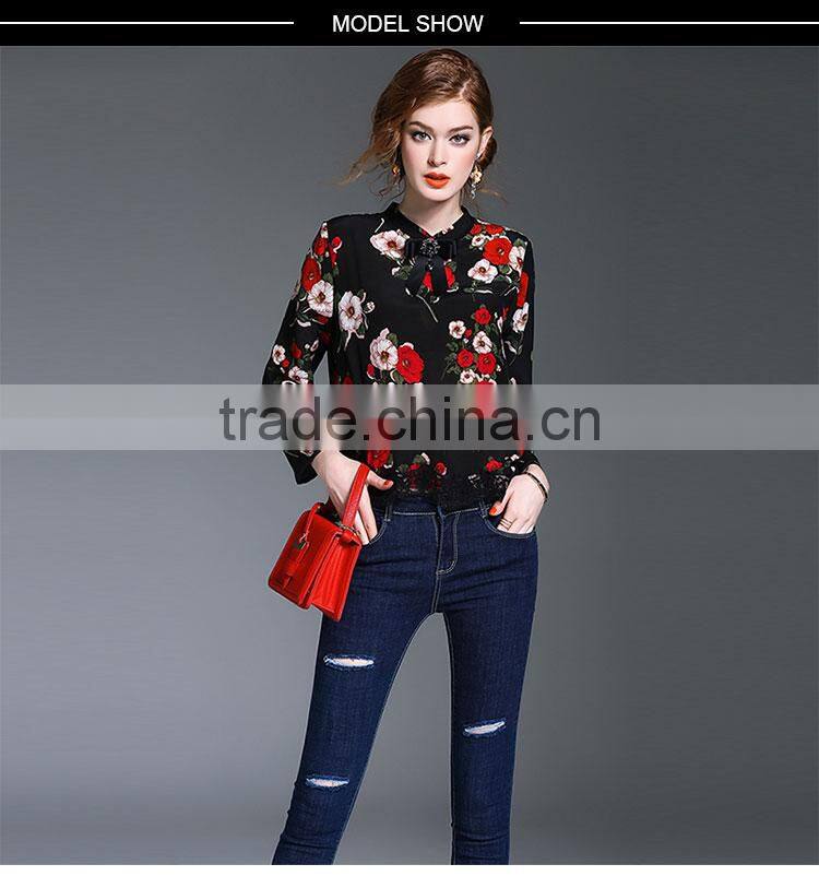 Maxnegio lady hot style floral printed new fashion chiffon blouse 2017
