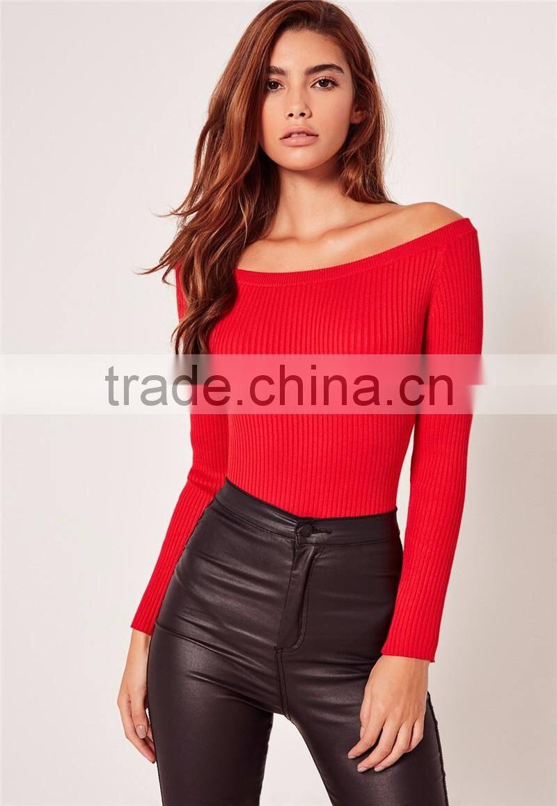 Red Opening Soulder Raglan Sleeve Bodysuit Cotton Blends Long Sleeve Sexy Plain Sweater