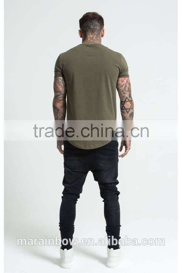 Hot Sale Streetwear Khaki 95% Cotton 5% Elastane Short Sleeve Curved Hem T Shirt OEM Gym Fitted Longline T Shirt