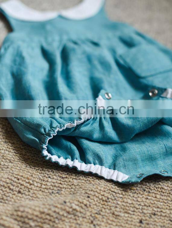 New Model Newborn Baby Clothes Wholesale Girls Linen Fabric Bodysuit With Lace Peter Pan Collar Infant Romper