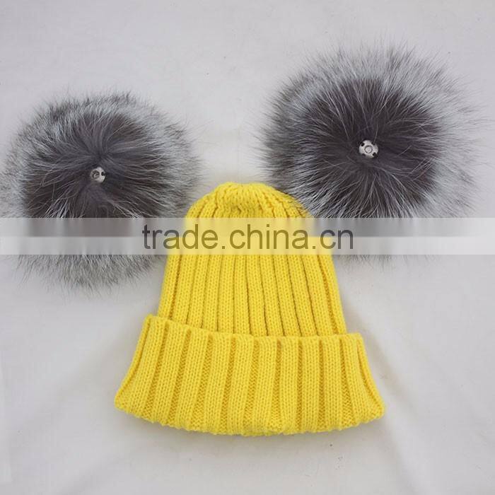 Myfur Yellow Color Wool Knitting Beanie Hat with Genuine Silver Fox Fur Pompoms