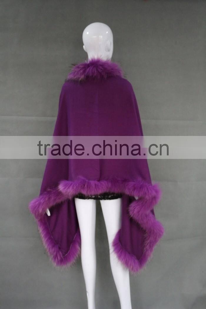 Wholesale Ladies Latest Cashmere Shawl & Fur Cape With Raccoon Fur Trims