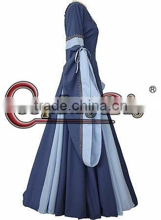 Custom Made Light Blue Medieval And Renaissance Dress With Trumpet Sleeves For Gothic And Fantasy Parties