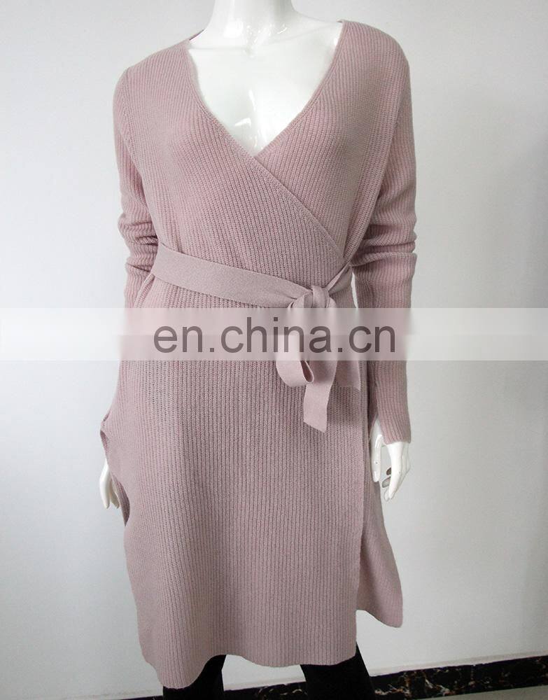 2017 last fashion elegant v neck belt style knit pure cashmere long cardigan