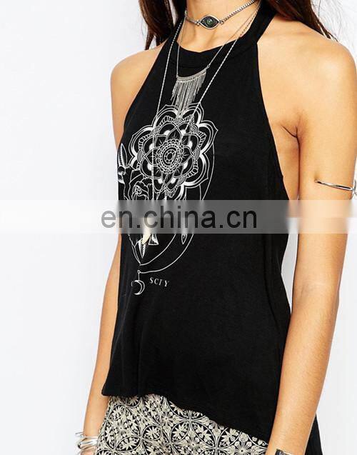 2017 Hot Selling Floral Print Girls High Neck Backless Vest T Shirt