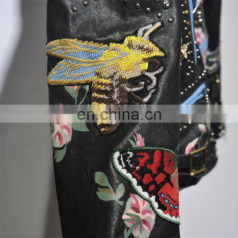 New Arrival Embroidery Leather Jacket for Women Real Motorcycle Leather Jacket