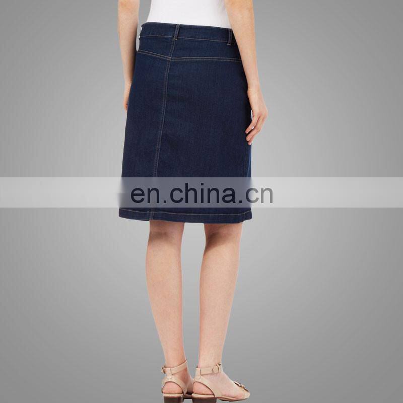 Cheap button fastening knee length denim skirt for girls