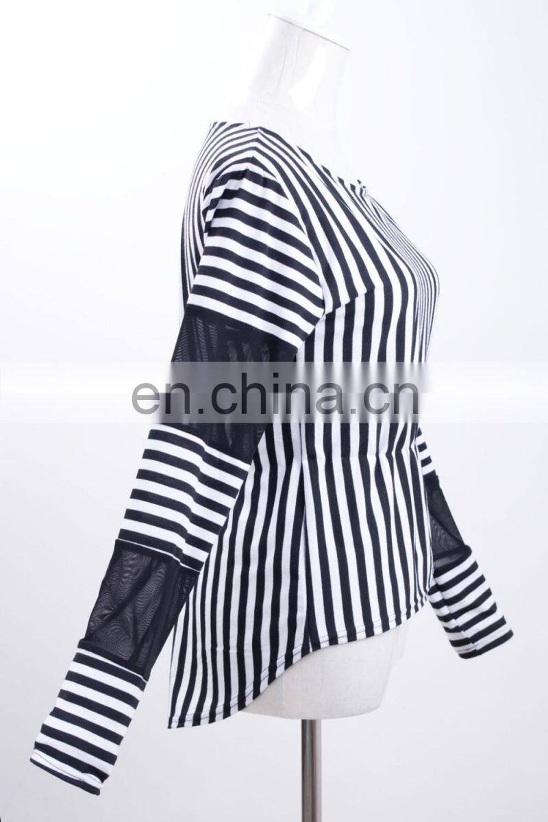 2017 latest fashion women's tee shirt Korean slim vertical stripes stitching female blouse shirt with mesh long sleeve