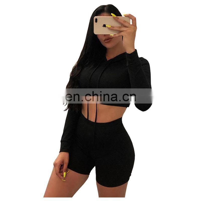 Manufacturer wholesale women's casual sexy hooded shorts sports fitness 2-piece suit custom hoodie crop top