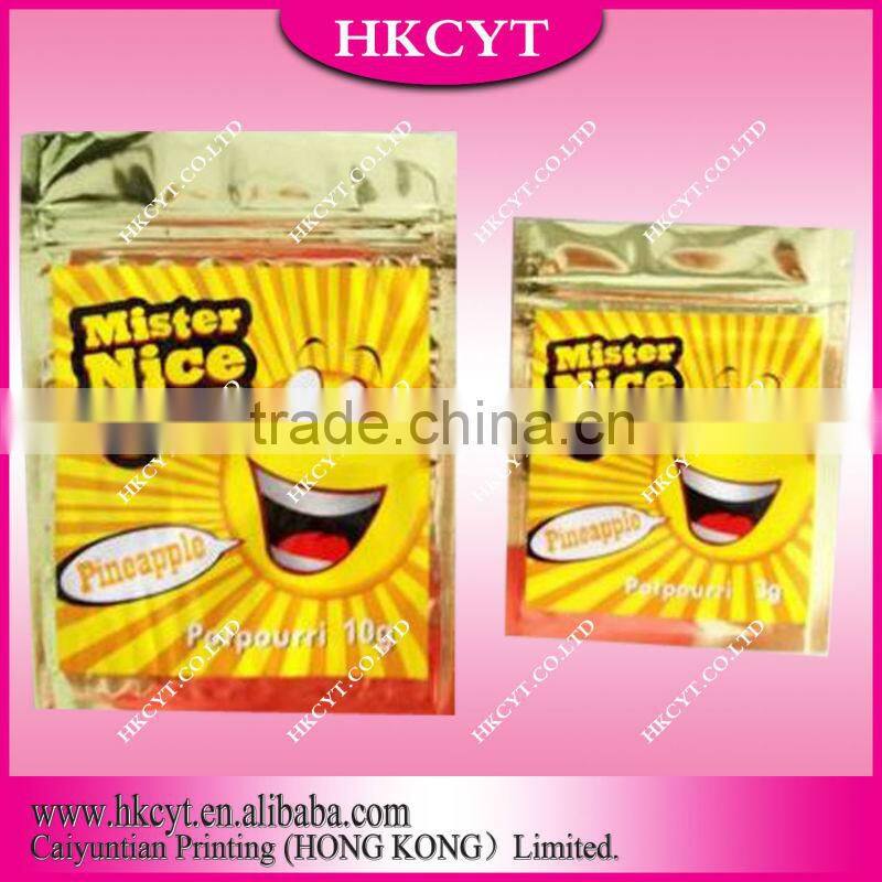 Clorful packaging bag with zipper top/custom herbal incense bags
