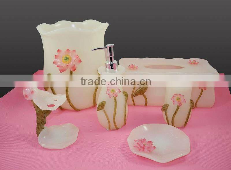 Favorable Transparent Lotion Flower Rectangle Tissue box, brush holder,tumbler,soap dish and wast bin