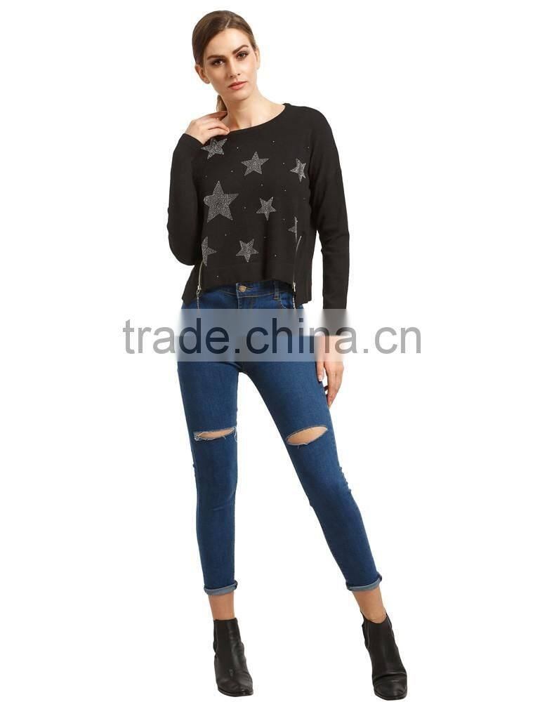 Hot sell zipper star rhinestone fashion style women sweater