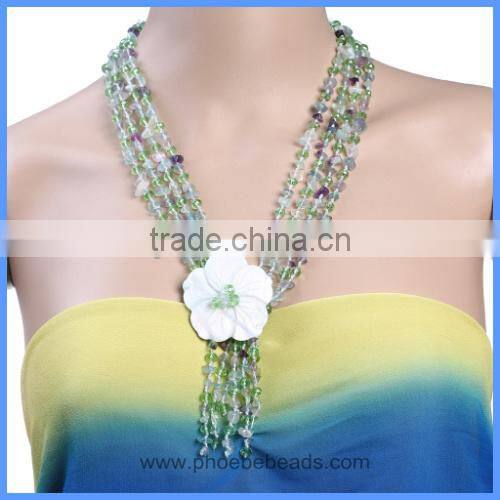 Wholesale Handmade Multi-layer Crystal Bead Fluorite Gemstone Chips Pearl Shell Flower Tassels Long Necklaces GN-DQ048