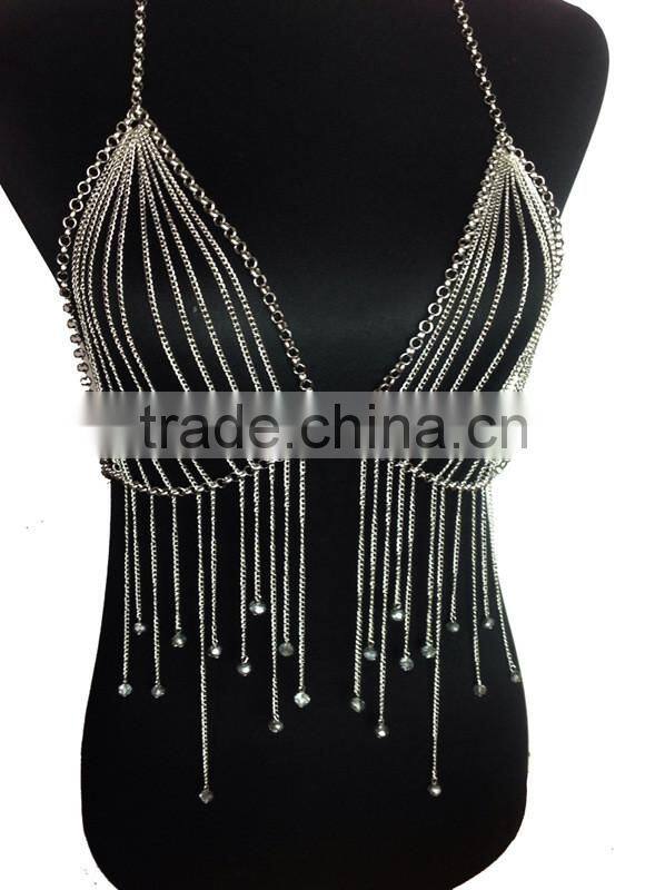 Multi Chain Necklace Long European And American Big Exaggerated Alloy Body Chain Tassel Silver Crystal Necklace