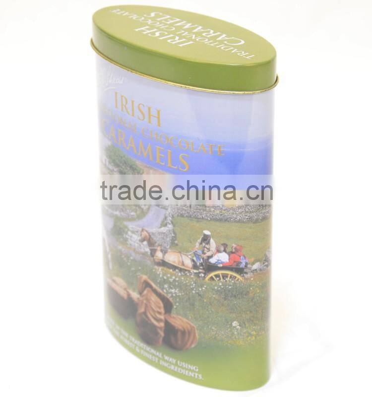 Oval metal tin box for delicious caramels packaging