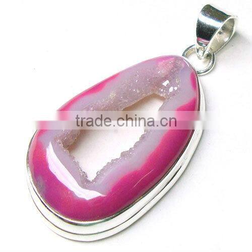 Sterling Silver Faceted Red Colored Ganet & Pink Druzy Pendant